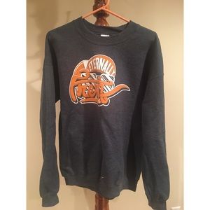 A dark gray crew neck sweatshirt